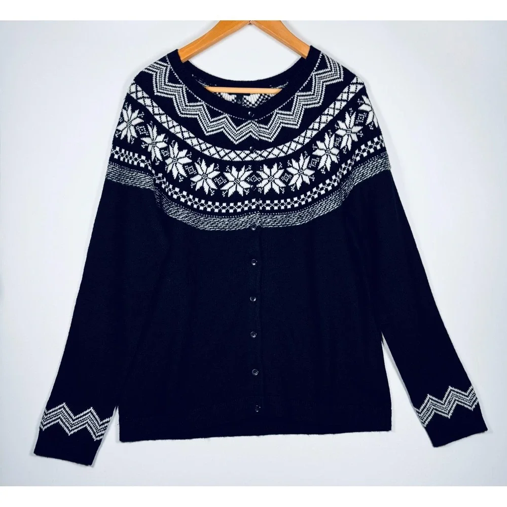 Talbots Cardigan Sweater Womens Large Black White Fair Isle Nordic Button Front‎